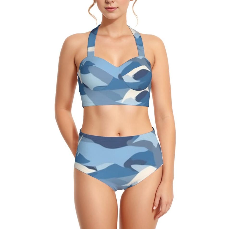 Bleu Camo Women's Swimsuit Set With Halter