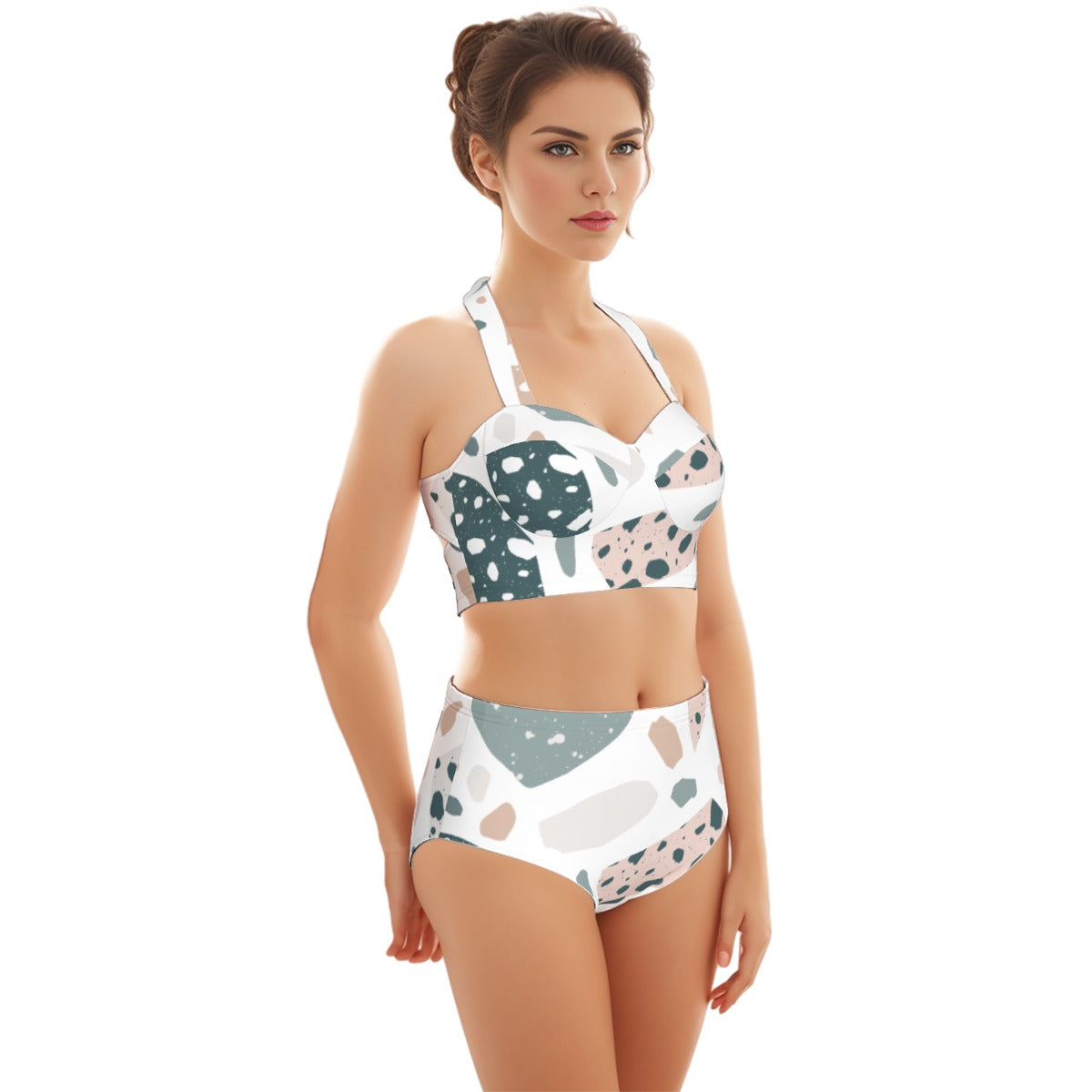 Spackled Print Women's Swimsuit Set With Halter