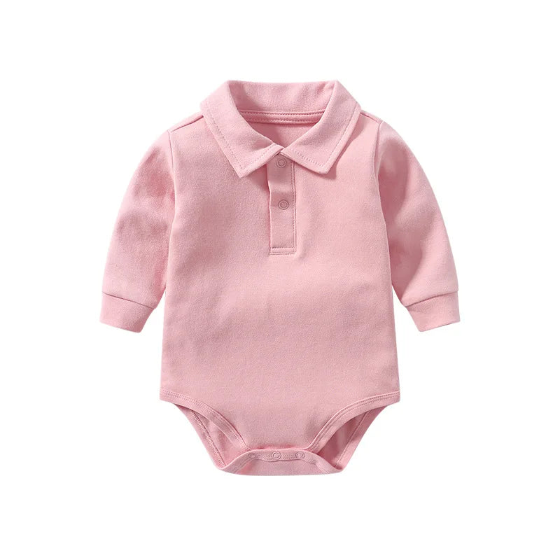 Classic Button up Long Sleeve Polo Romper - 4 Colors