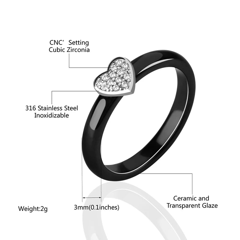 3mm White or Black Heart Ceramic Ring Sz 6-9