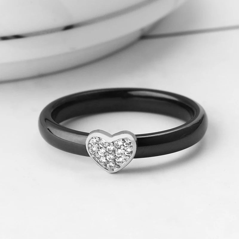 3mm White or Black Heart Ceramic Ring Sz 6-9