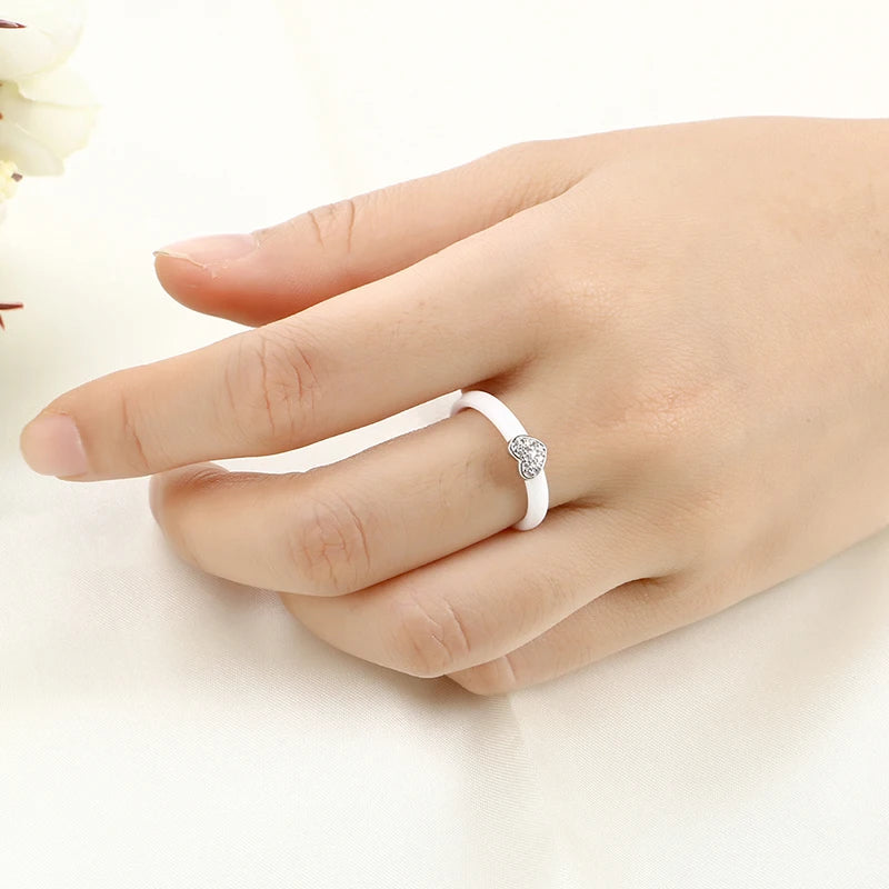 3mm White or Black Heart Ceramic Ring Sz 6-9