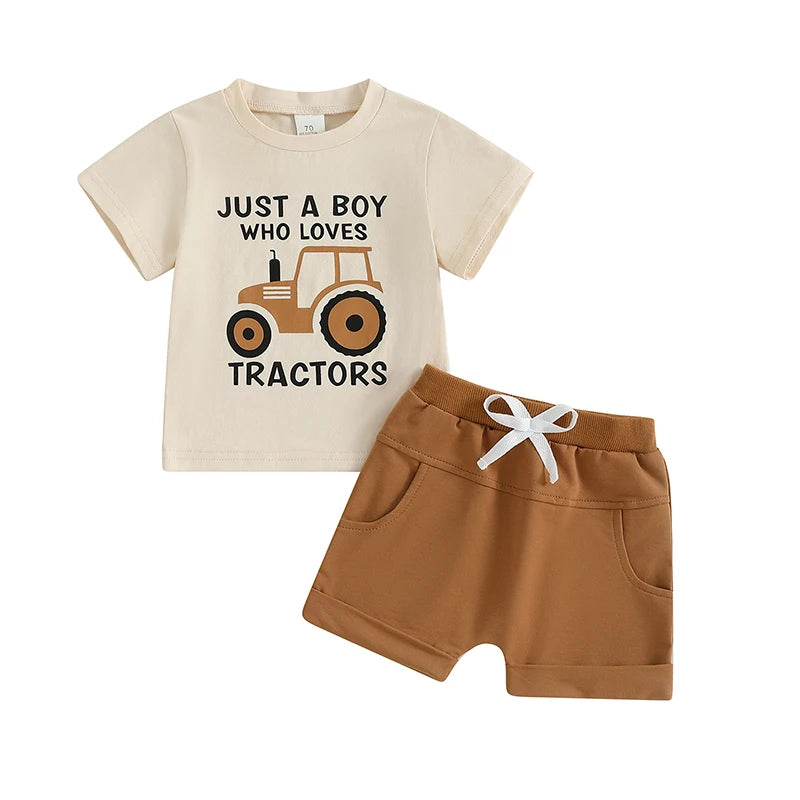 Toddler Boy Tractor Summer Outfits Short Sleeve Tops with Shorts Outfit