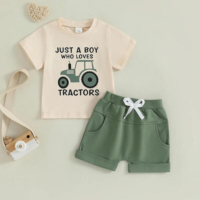 Toddler Boy Tractor Summer Outfits Short Sleeve Tops with Shorts Outfit