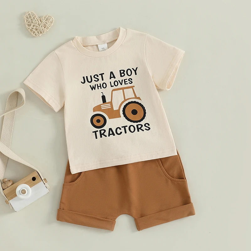 Toddler Boy Tractor Summer Outfits Short Sleeve Tops with Shorts Outfit