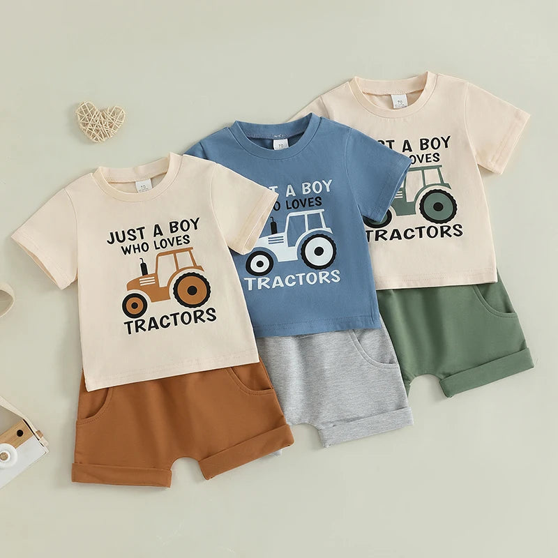 Toddler Boy Tractor Summer Outfits Short Sleeve Tops with Shorts Outfit