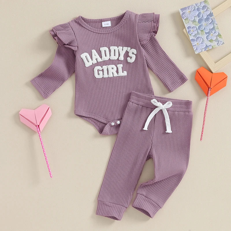 Daddy's Girl Ribbed Romper Ruffle Pants and top - NB - 18 Mo