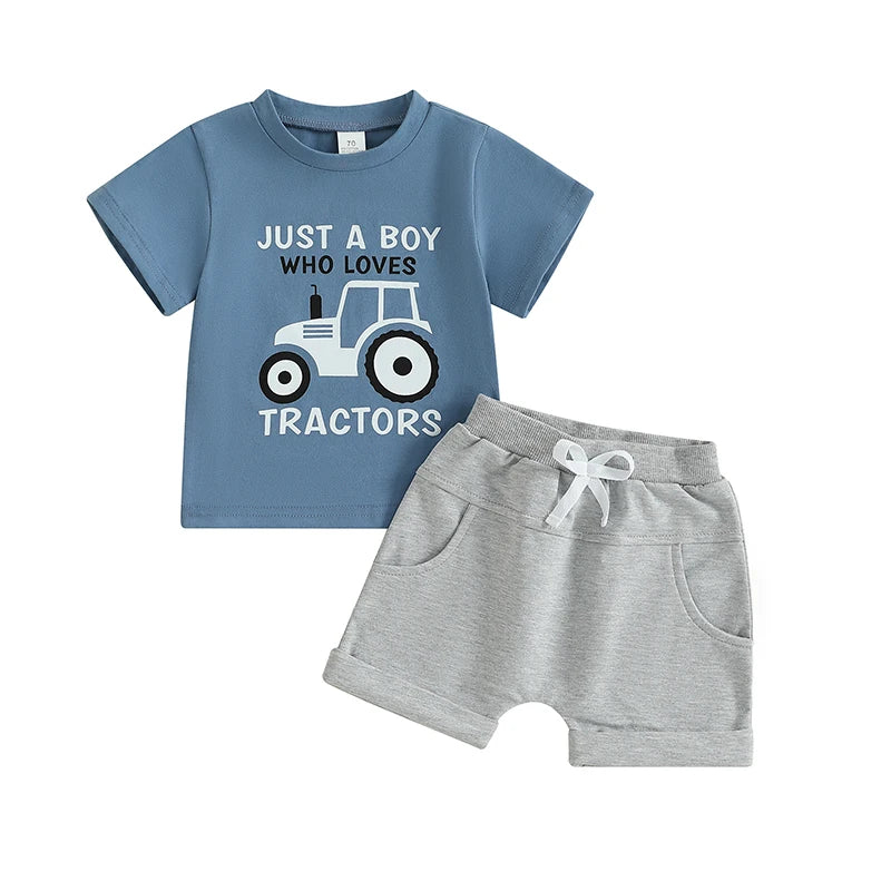 Toddler Boy Tractor Summer Outfits Short Sleeve Tops with Shorts Outfit