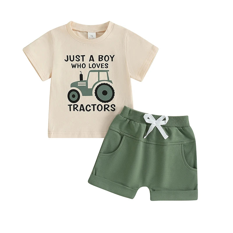 Toddler Boy Tractor Summer Outfits Short Sleeve Tops with Shorts Outfit