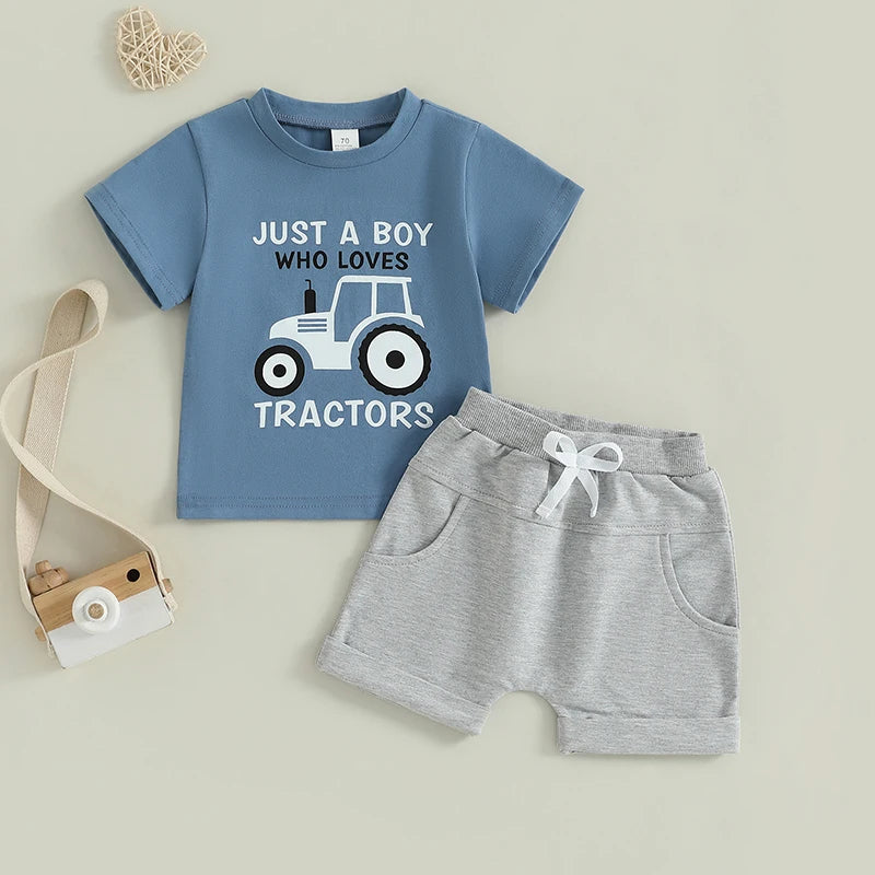 Toddler Boy Tractor Summer Outfits Short Sleeve Tops with Shorts Outfit