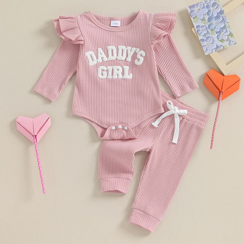 Daddy's Girl Ribbed Romper Ruffle Pants and top - NB - 18 Mo