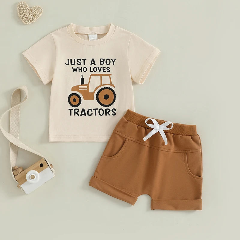 Toddler Boy Tractor Summer Outfits Short Sleeve Tops with Shorts Outfit
