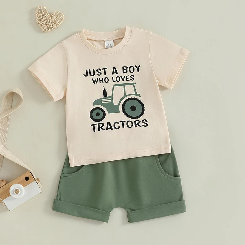 Toddler Boy Tractor Summer Outfits Short Sleeve Tops with Shorts Outfit