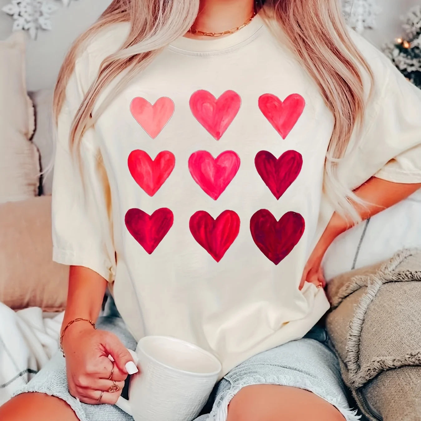 Heart of Nine Print Women's Clothing Tees - Cream & Black