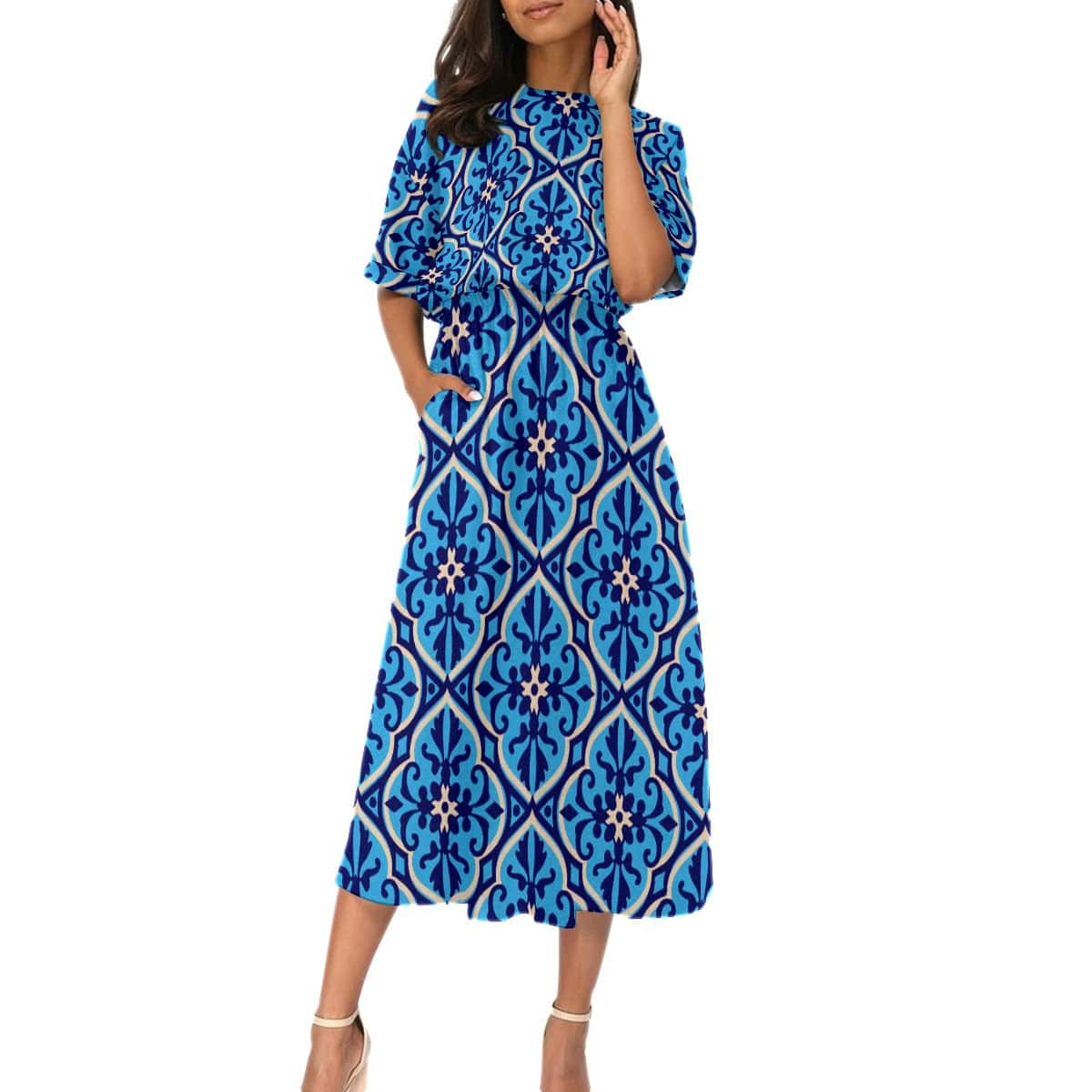 Yoycol 2XL / White All-Over Print Women's Elastic Waist Dress