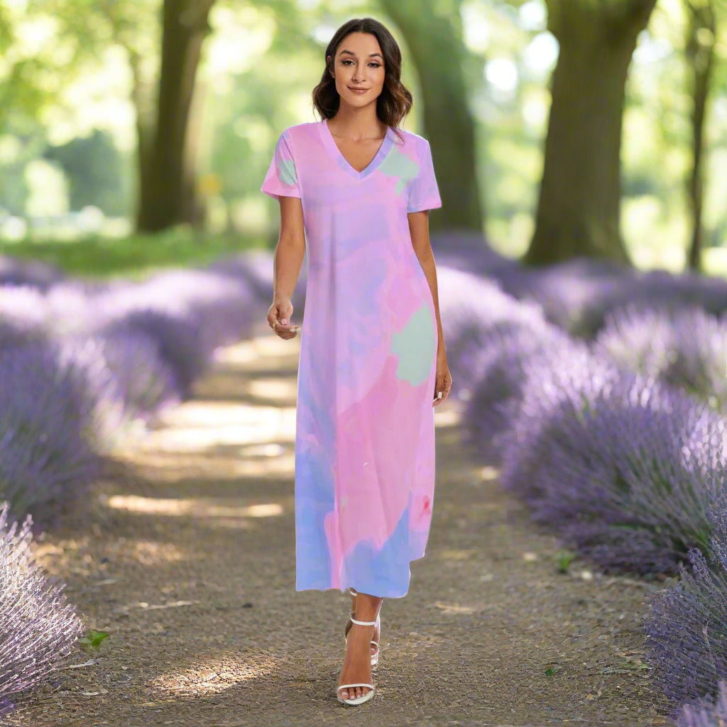Yoycol Dresses 2XL / Lavender/Pink All-Over Print Women's V-neck Dress With Side Slit