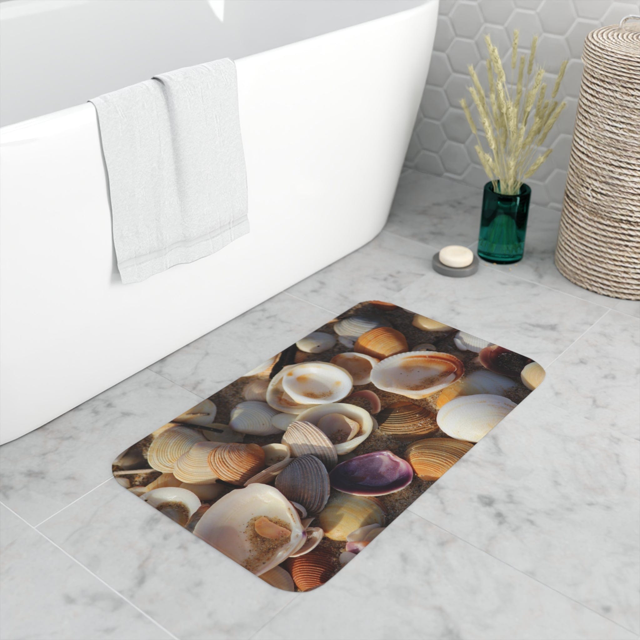Printify Home Decor White / 30” x 18” Shells, Shells, Sand - Memory Foam Bath Mat