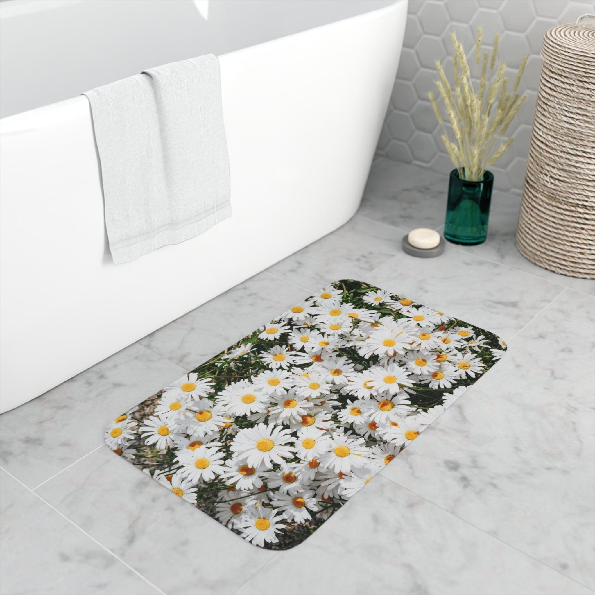 Printify Home Decor White / 30” x 18” White Daisies - Memory Foam Bath Mat
