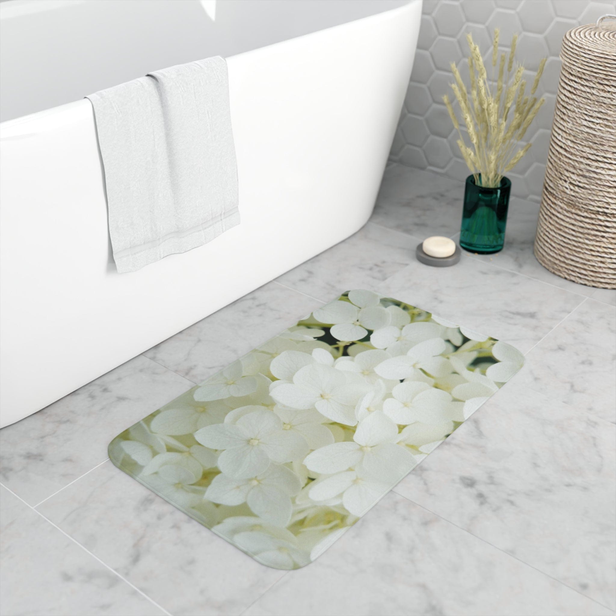 Printify Home Decor White / 30” x 18” White Hydrangea Flowers - Memory Foam Bath Mat