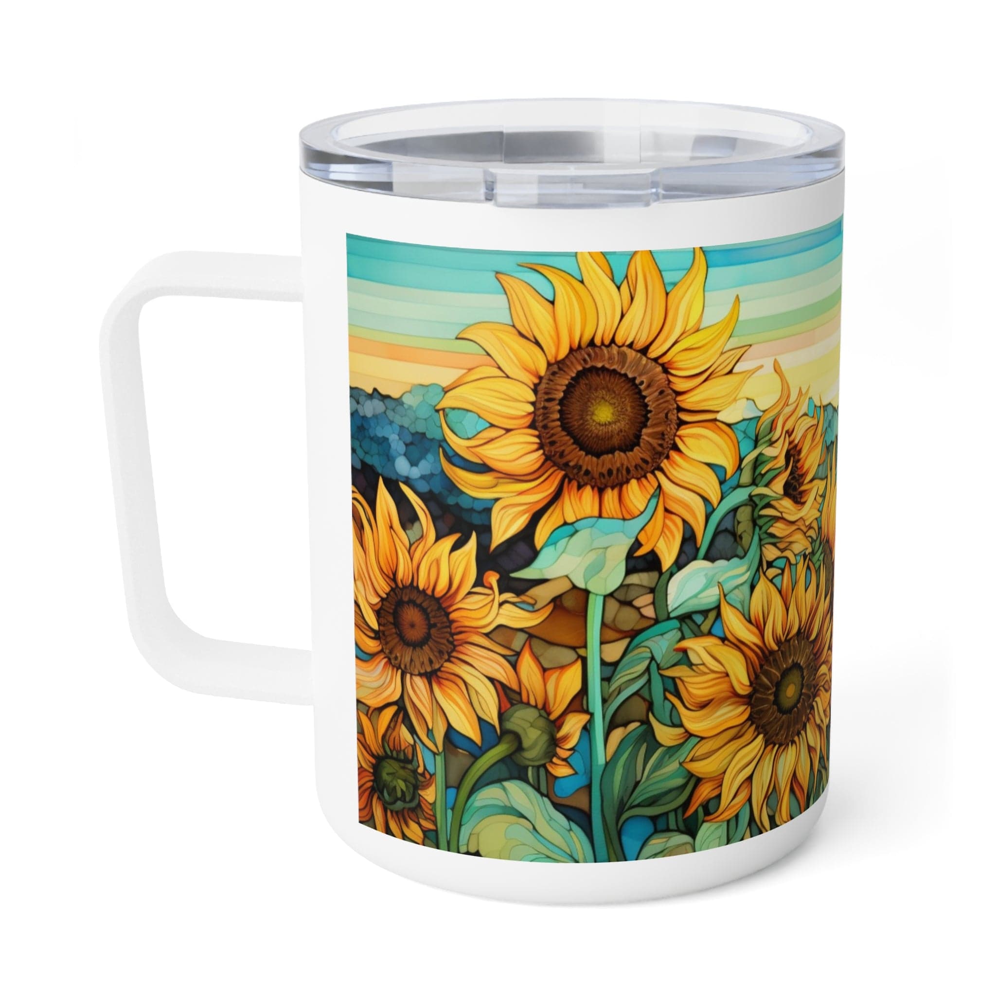 Printify Mug 10oz / White Sunflowers and bleu - Insulated Coffee Mug, 10oz