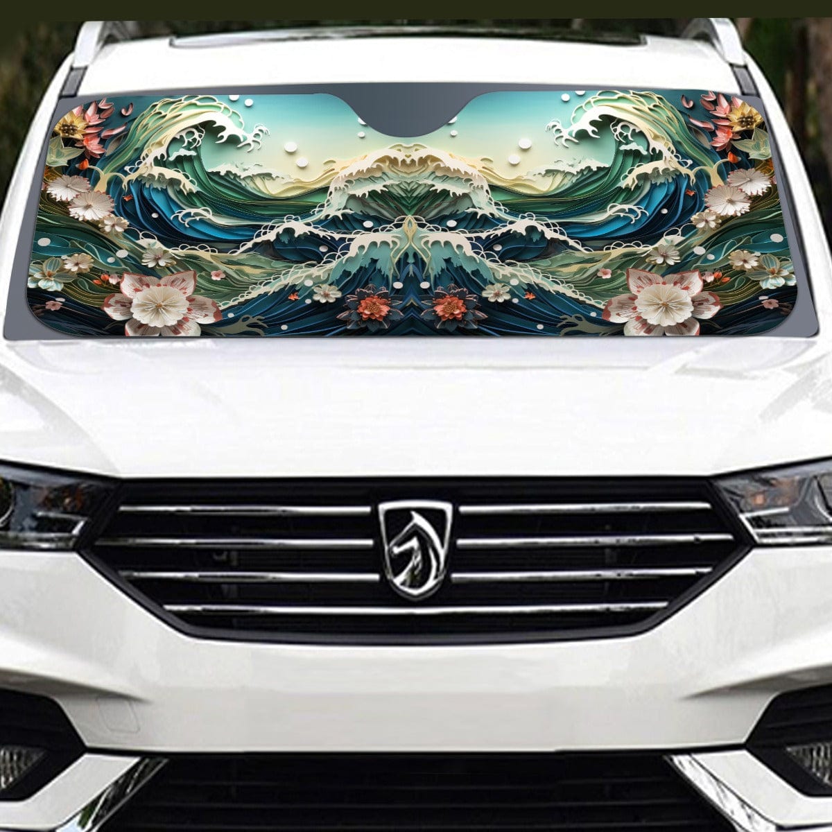 Yoycol U / White Ocean Waves and flowers Windshield Sunshade | 145cm(57.1”)