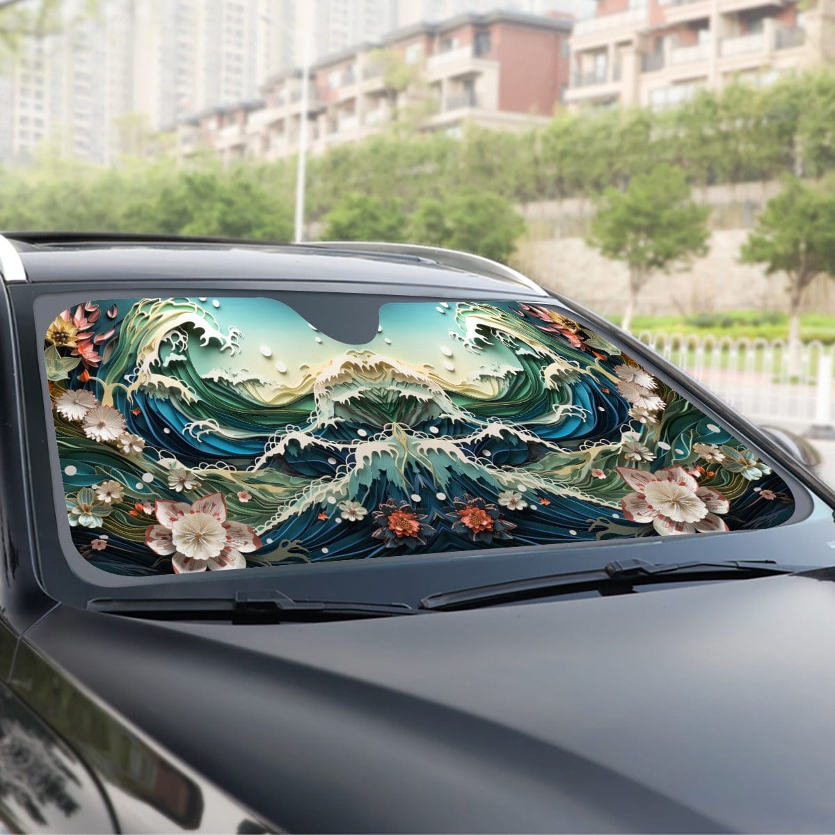 Yoycol U / White Ocean Waves and flowers Windshield Sunshade | 145cm(57.1”)