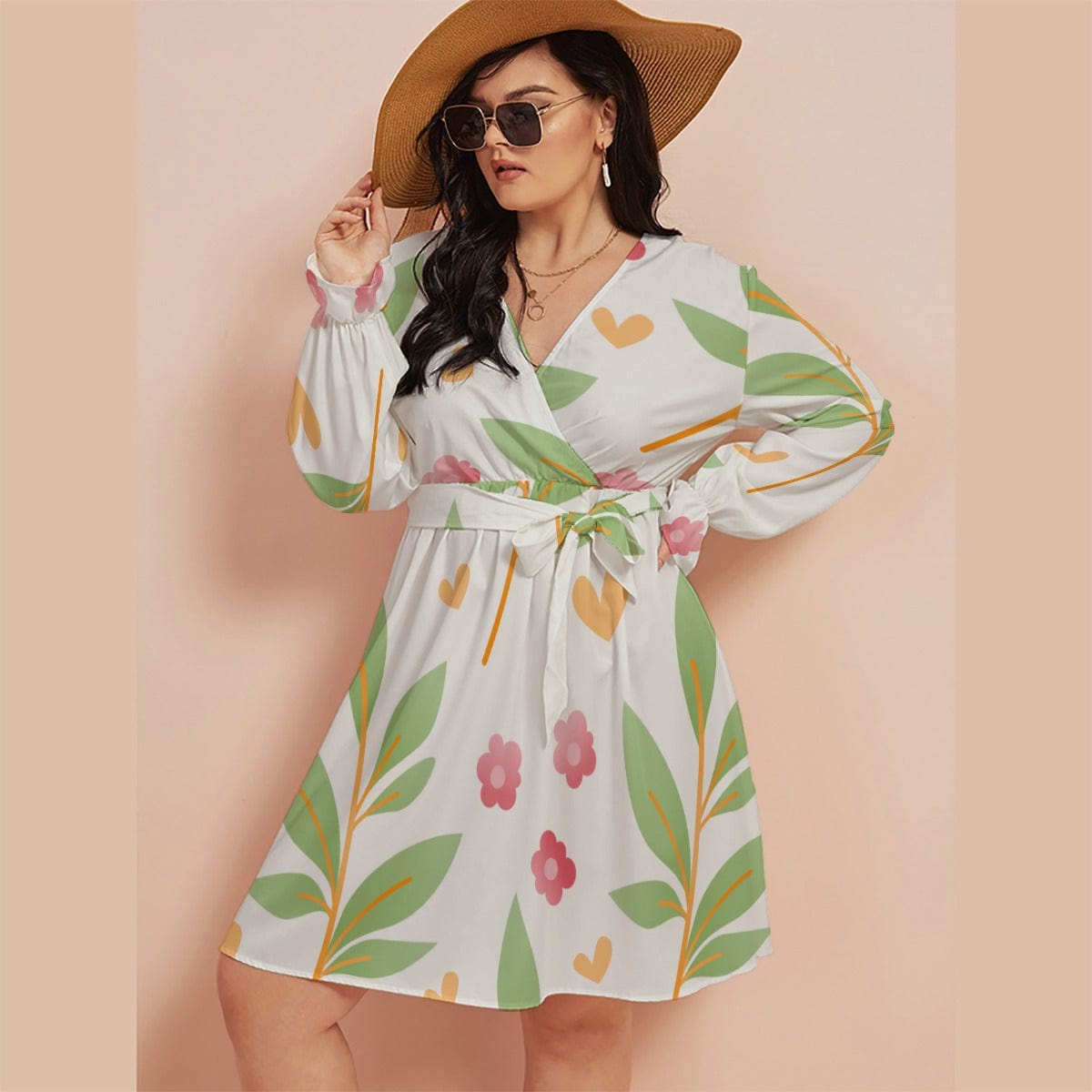 Yoycol Plus Dresses Cream Spring Flowers Women's V-neck Dress With Waistband(Plus Size)