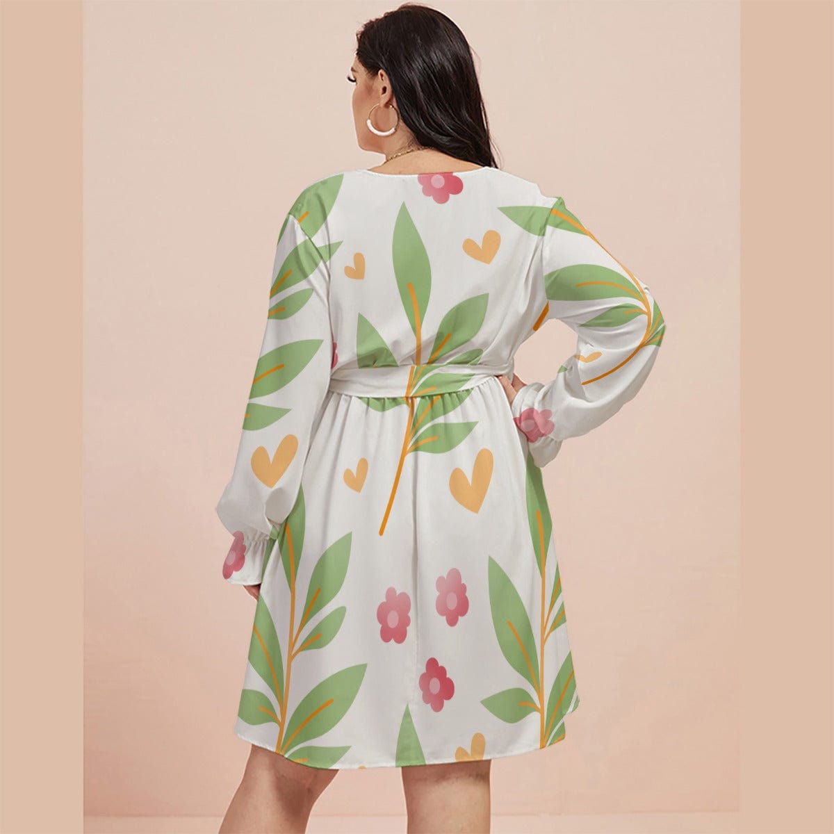 Yoycol Plus Dresses Cream Spring Flowers Women's V-neck Dress With Waistband(Plus Size)