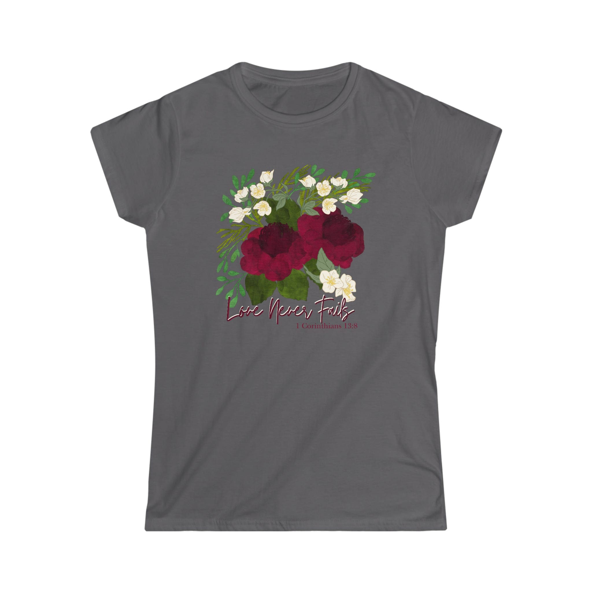 Printify T-Shirt Charcoal / S Love Never Fails - Women's Softstyle Tee