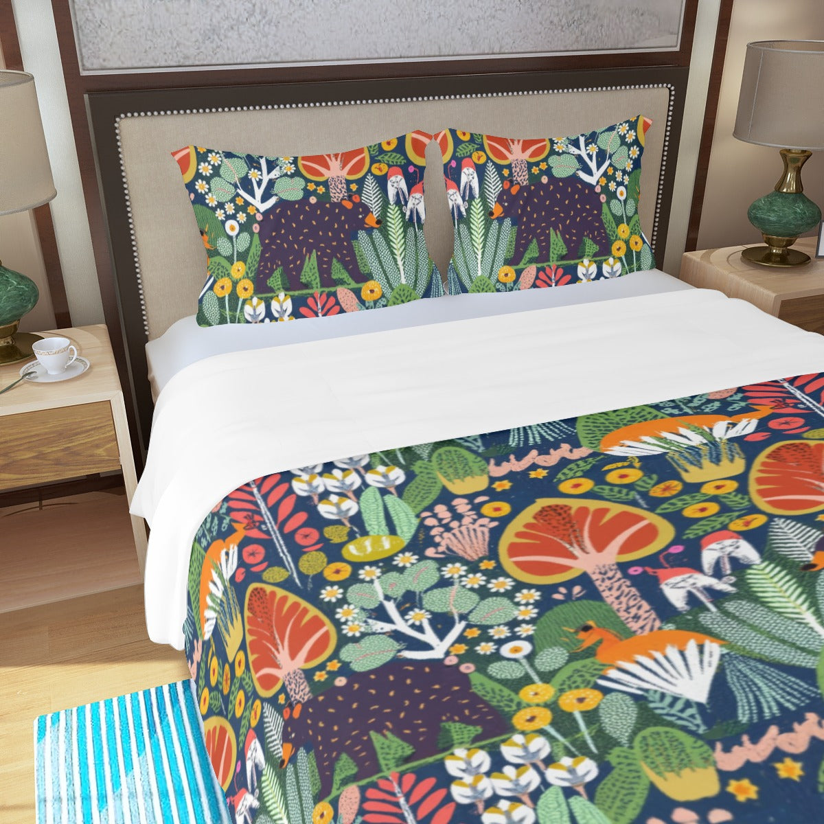 Black Bear Floral Three Piece Duvet Cover Set