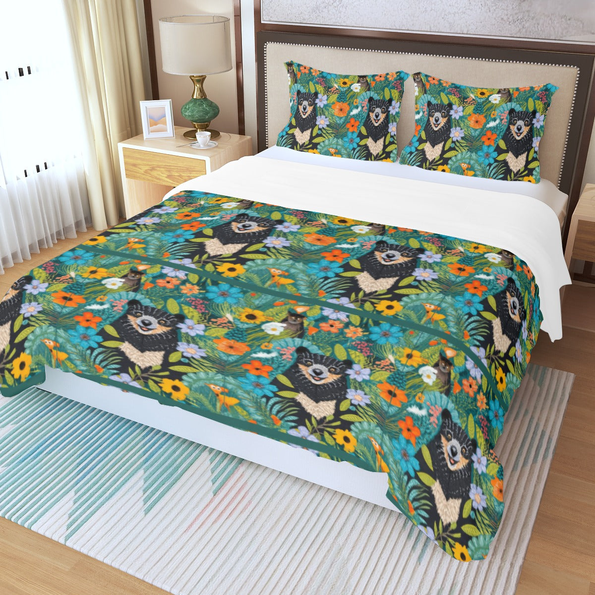 Black Bear in the Meadow with Friends - 3 Piece Duvet Cover Set