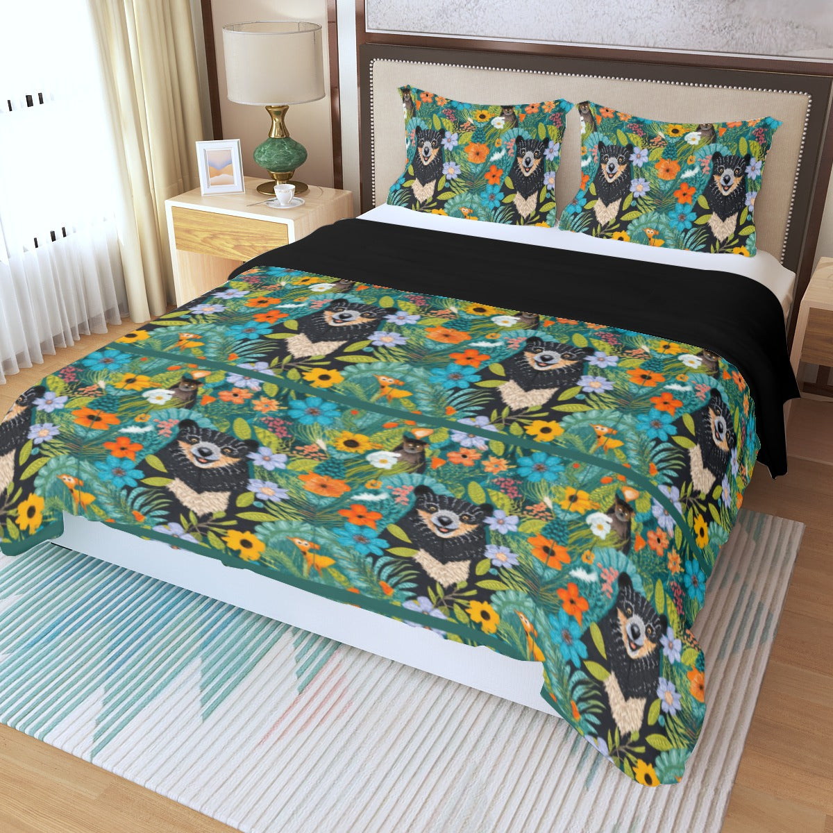 Black Bear in the Meadow with Friends - 3 Piece Duvet Cover Set