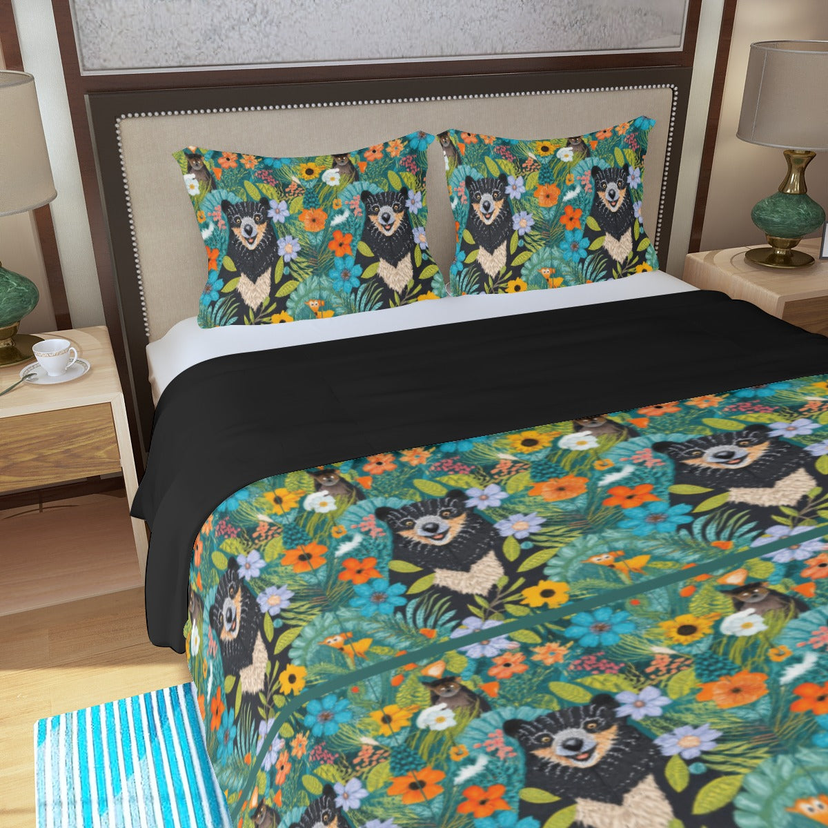 Black Bear in the Meadow with Friends - 3 Piece Duvet Cover Set