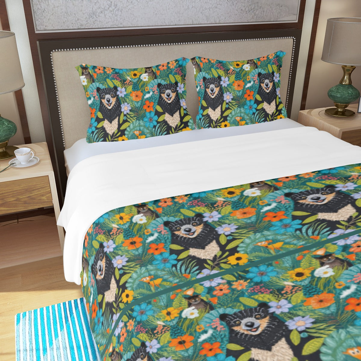 Black Bear in the Meadow with Friends - 3 Piece Duvet Cover Set