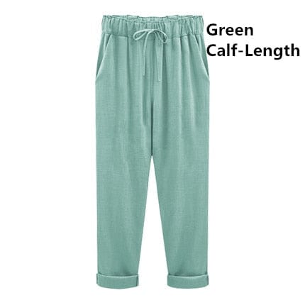 A Aslea Rovie Officiall Store Bottoms green Calf-Length / XL Athens Linen Cotton Elastic Trouser - M-6XL - 5 Colors