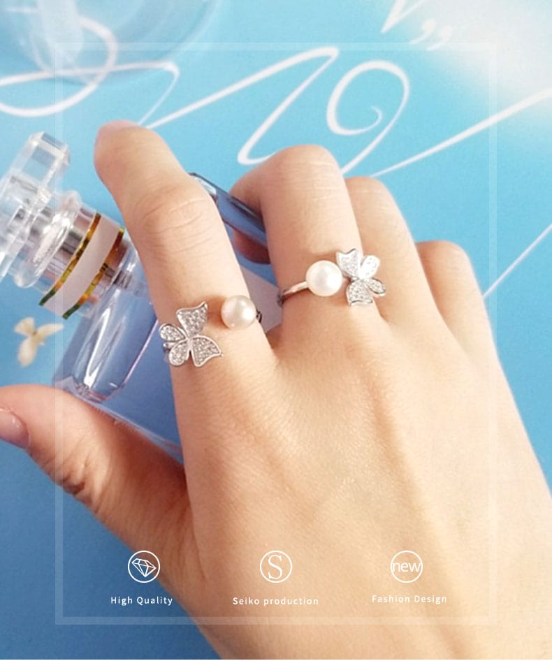 Spruced Roost Ring Sterling Silver Pearl & Butterfly Wrap Ring - 2 Colors