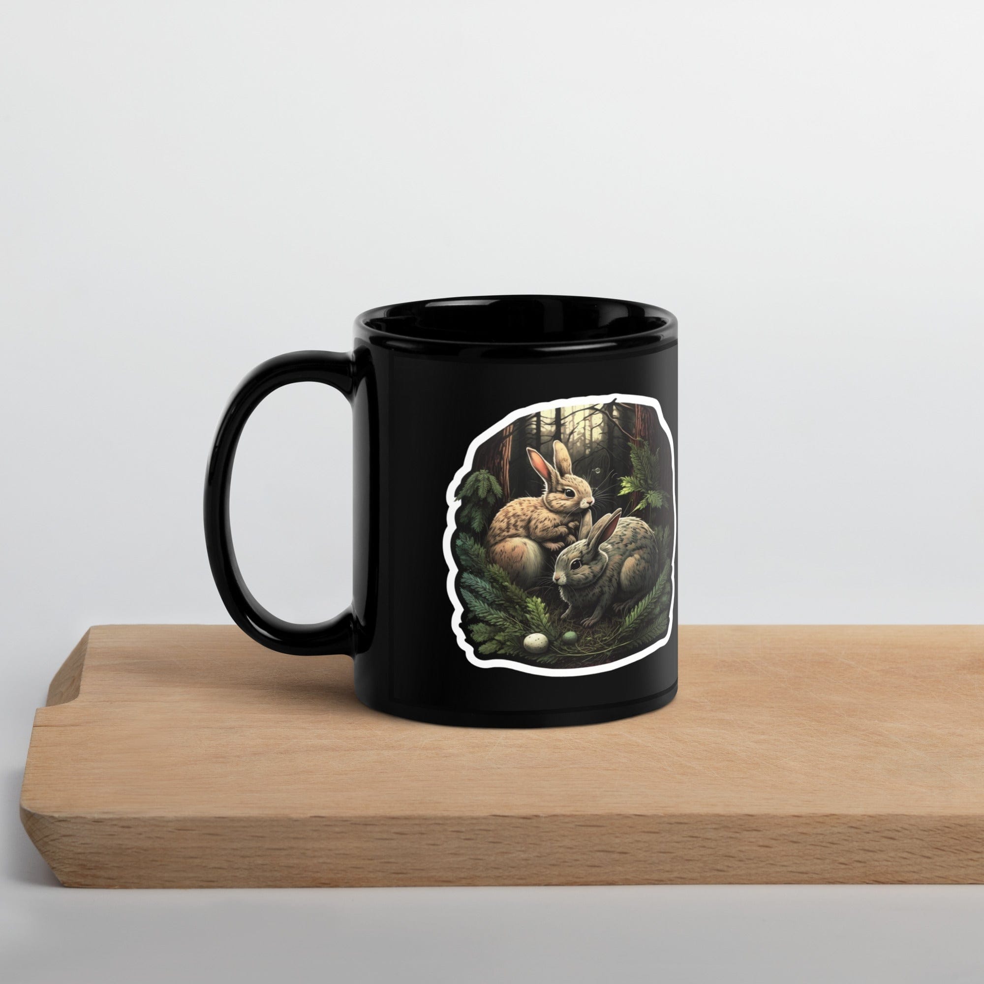 Spruced Roost Woodland Bunny Black Glossy Mug