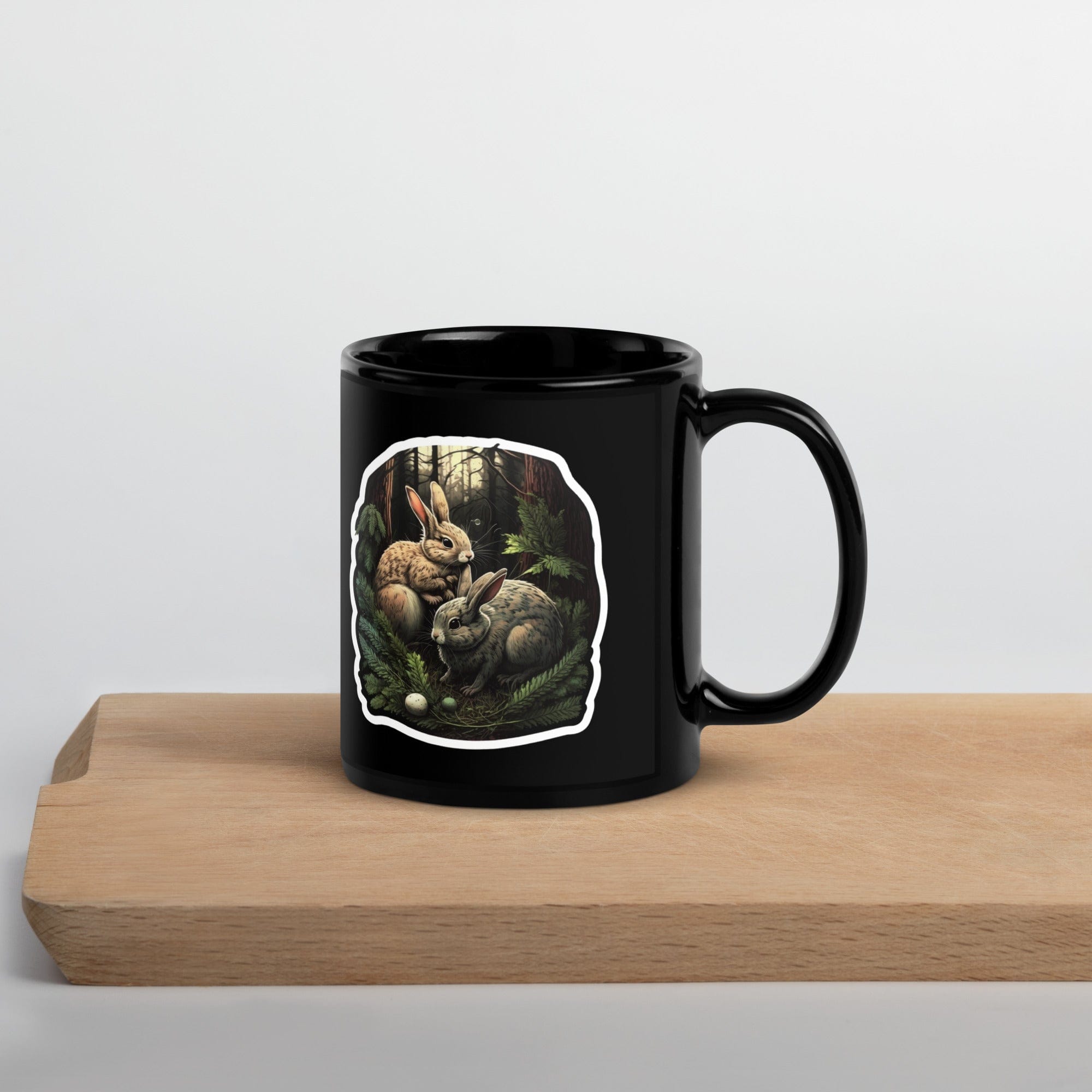 Spruced Roost Woodland Bunny Black Glossy Mug