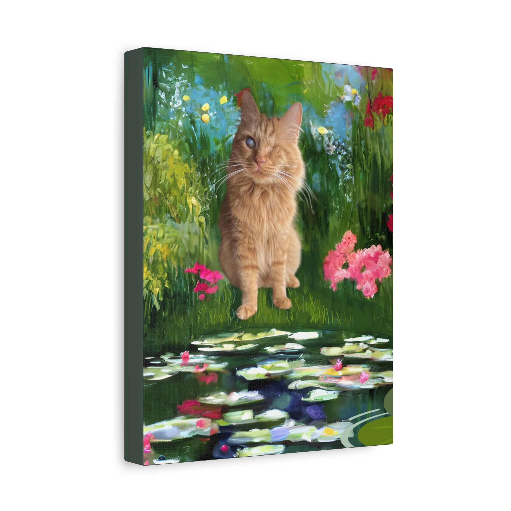 Whimsical Cat Art Canvas Print - Vivid Floral Pond Scene