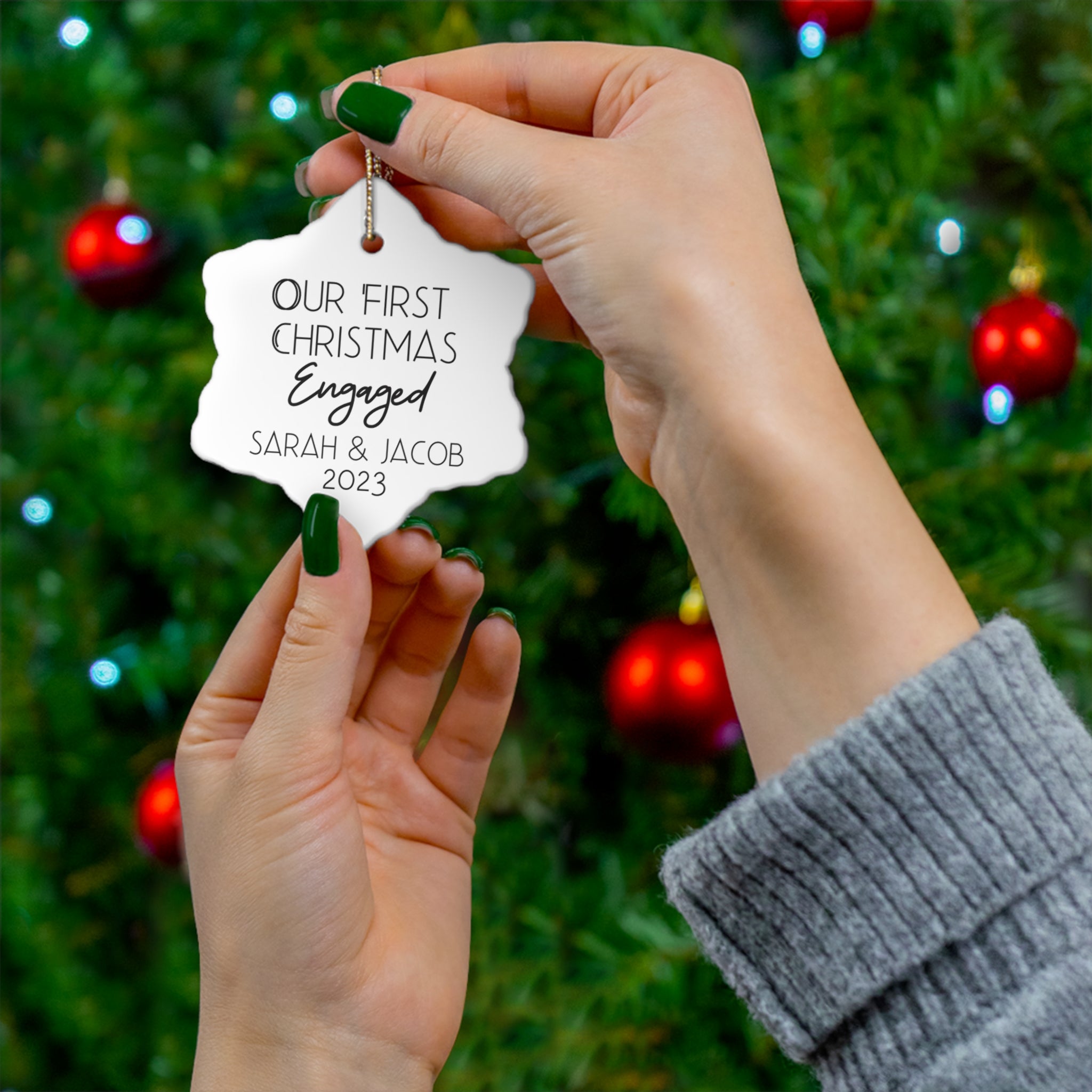 Simple First Engaged Christmas - Ceramic Ornament, 4 Shapes