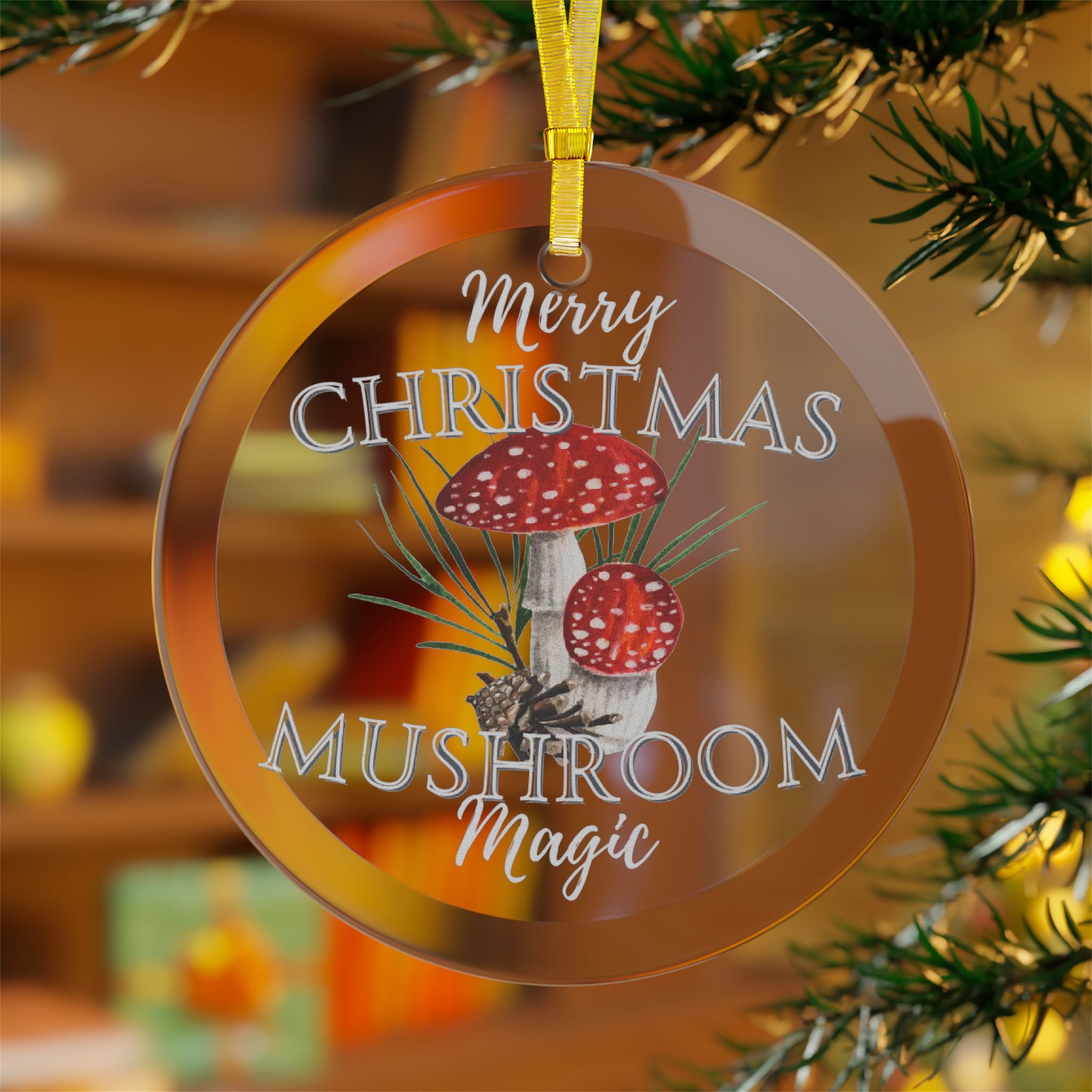 Merry Christmas Mushroom Magic Glass Ornaments