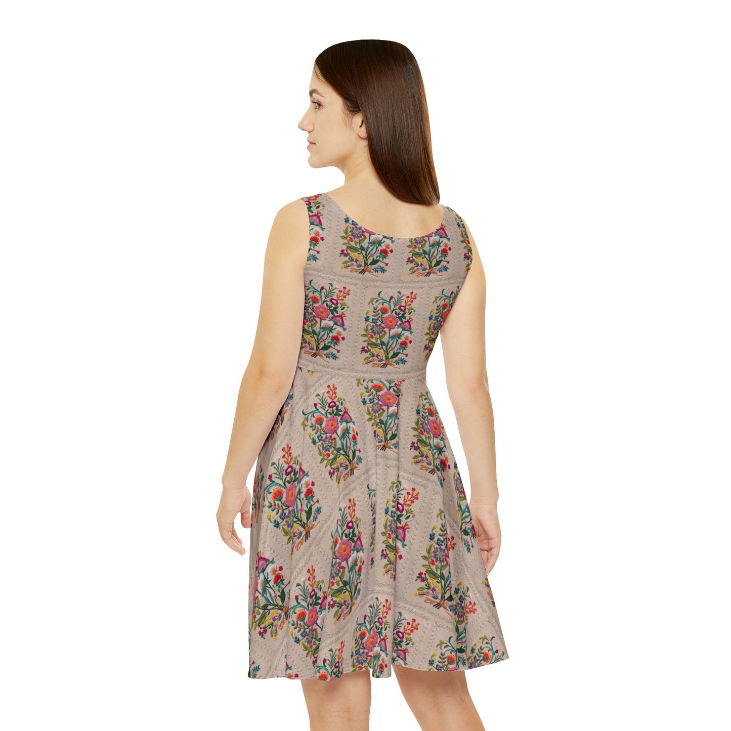 Tan Flowers detail - Women's Skater Tank Dress (AOP)