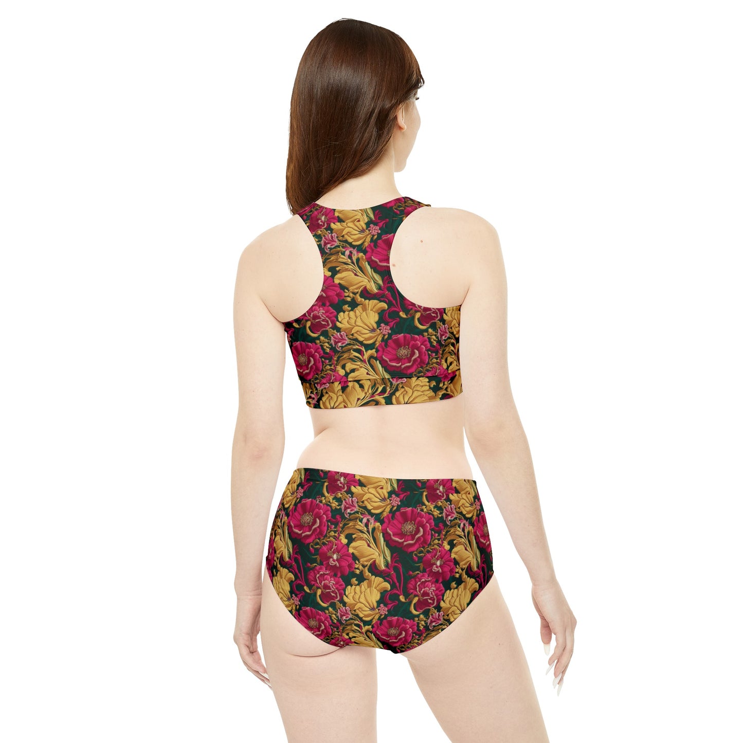 Chartreuse Pink Flowers Sporty Bikini Set (AOP)