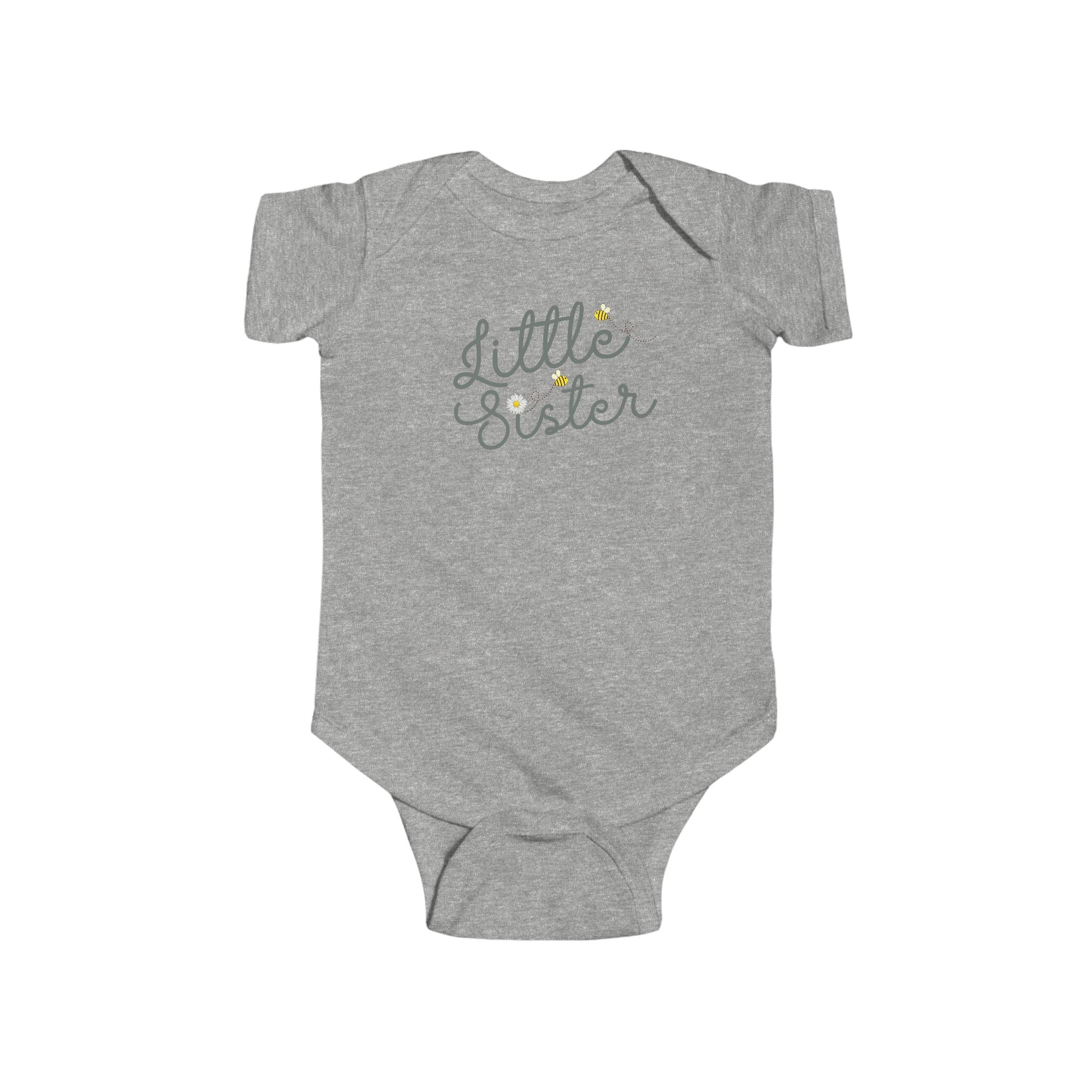 Little Sister Bees & Daisy Green Cursive- Little Sister Onesie
