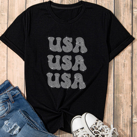 USA Rhinestone Round Neck Short Sleeve T-Shirt