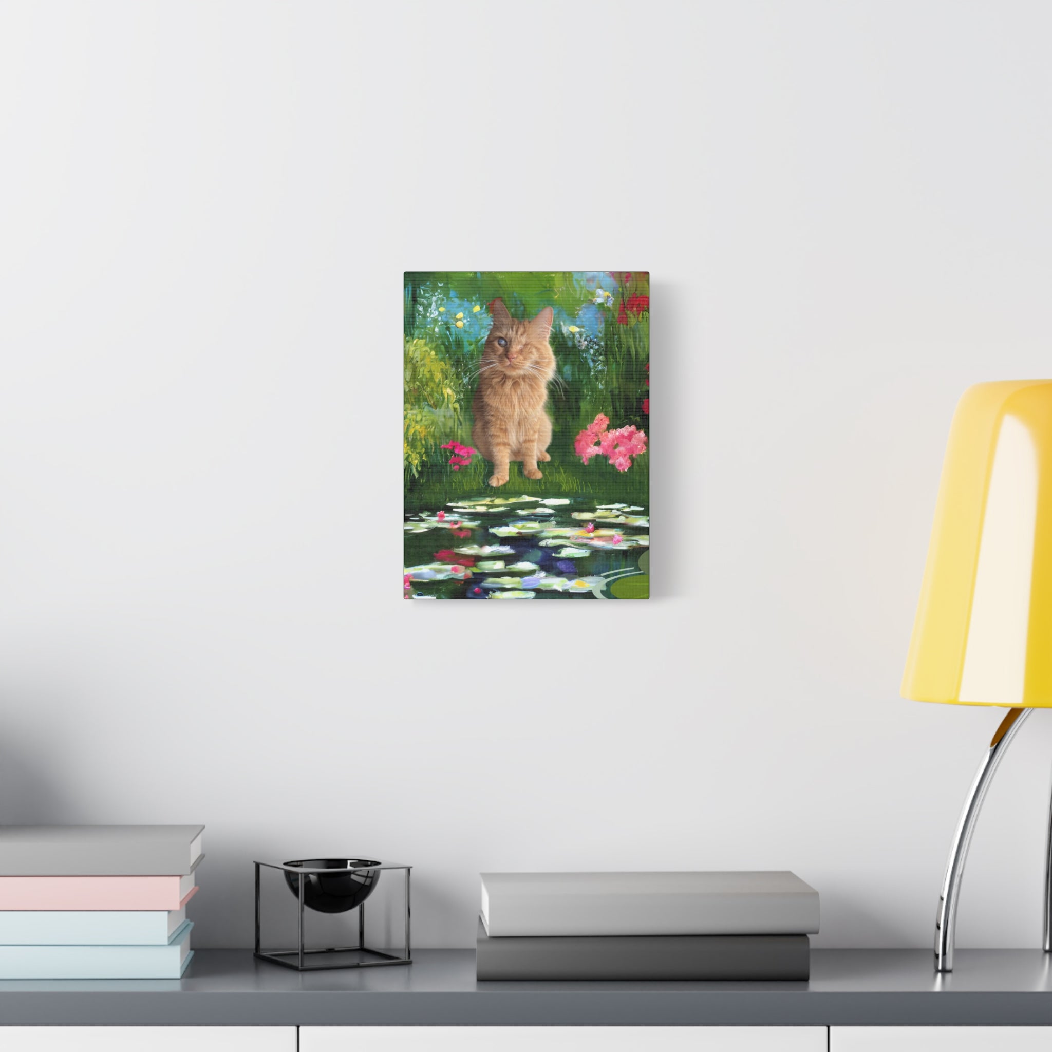 Whimsical Cat Art Canvas Print - Vivid Floral Pond Scene