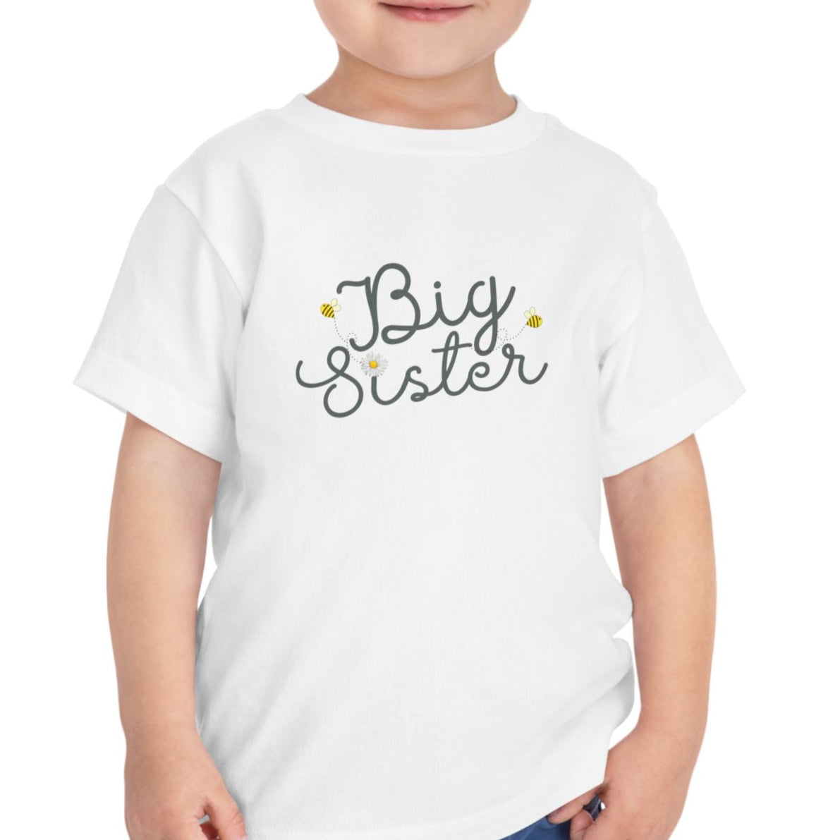 Big Sister Bees & Daisy Green Cursive - Big Sister Kids' T-Shirt - 3/4-7/8