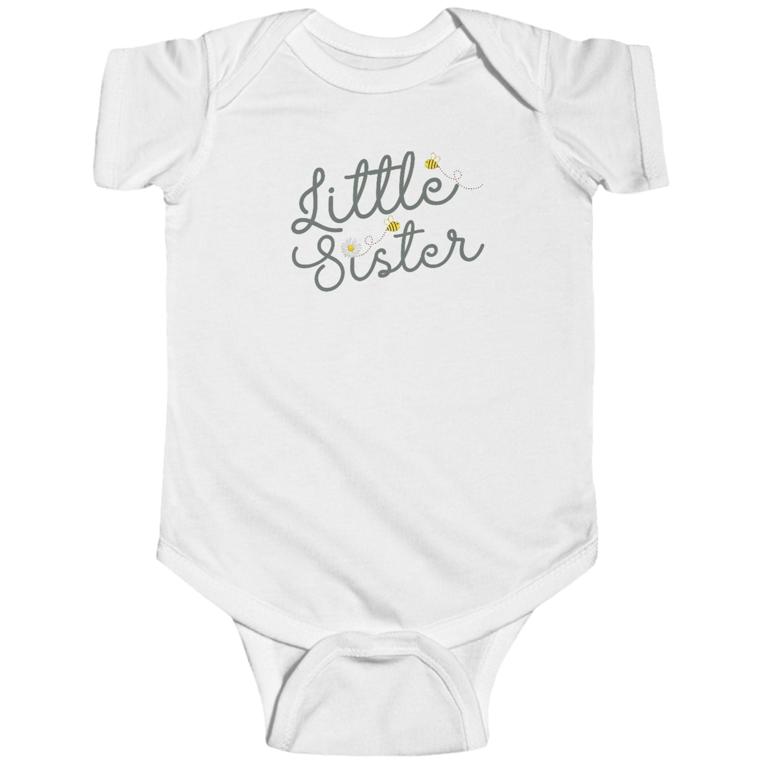 Little Sister Bees & Daisy Green Cursive- Little Sister Onesie