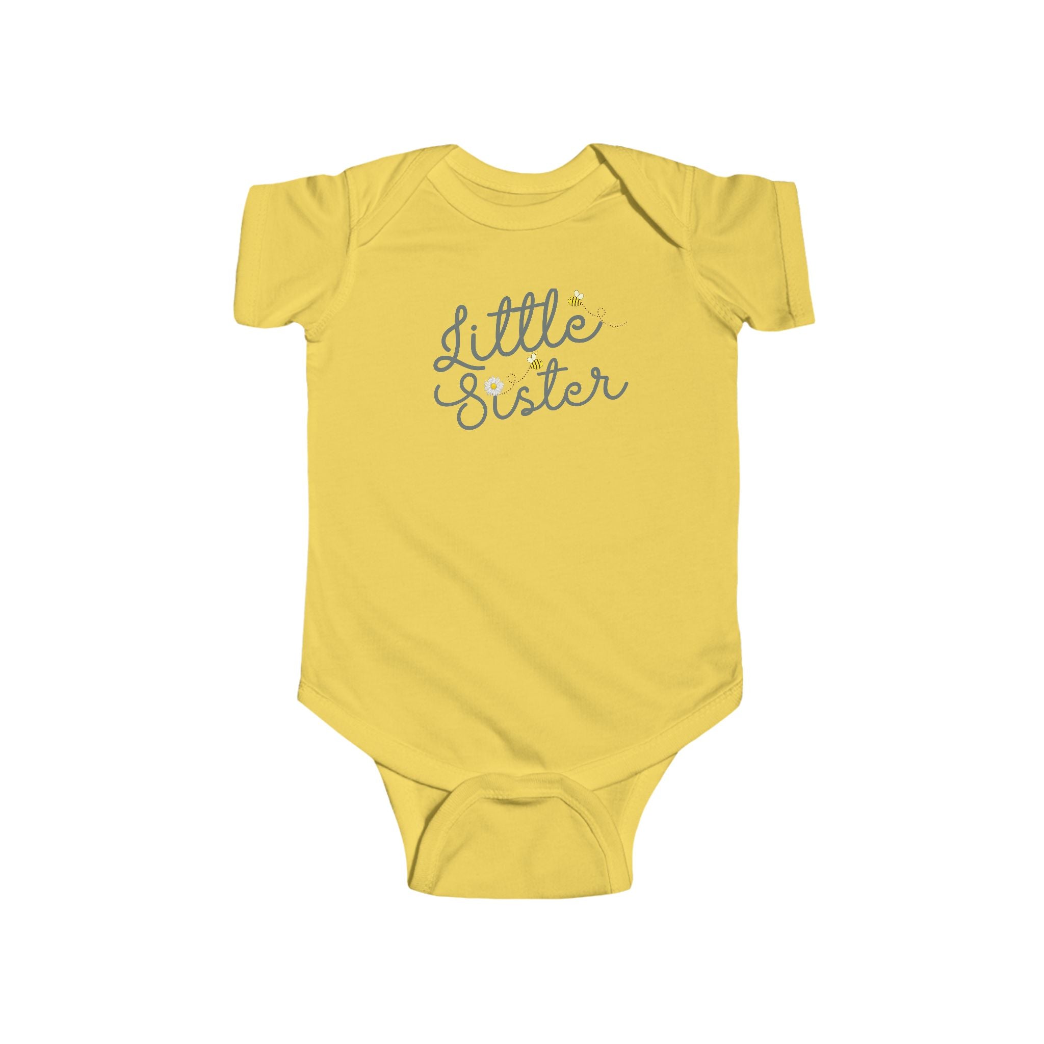 Little Sister Bees & Daisy Green Cursive- Little Sister Onesie