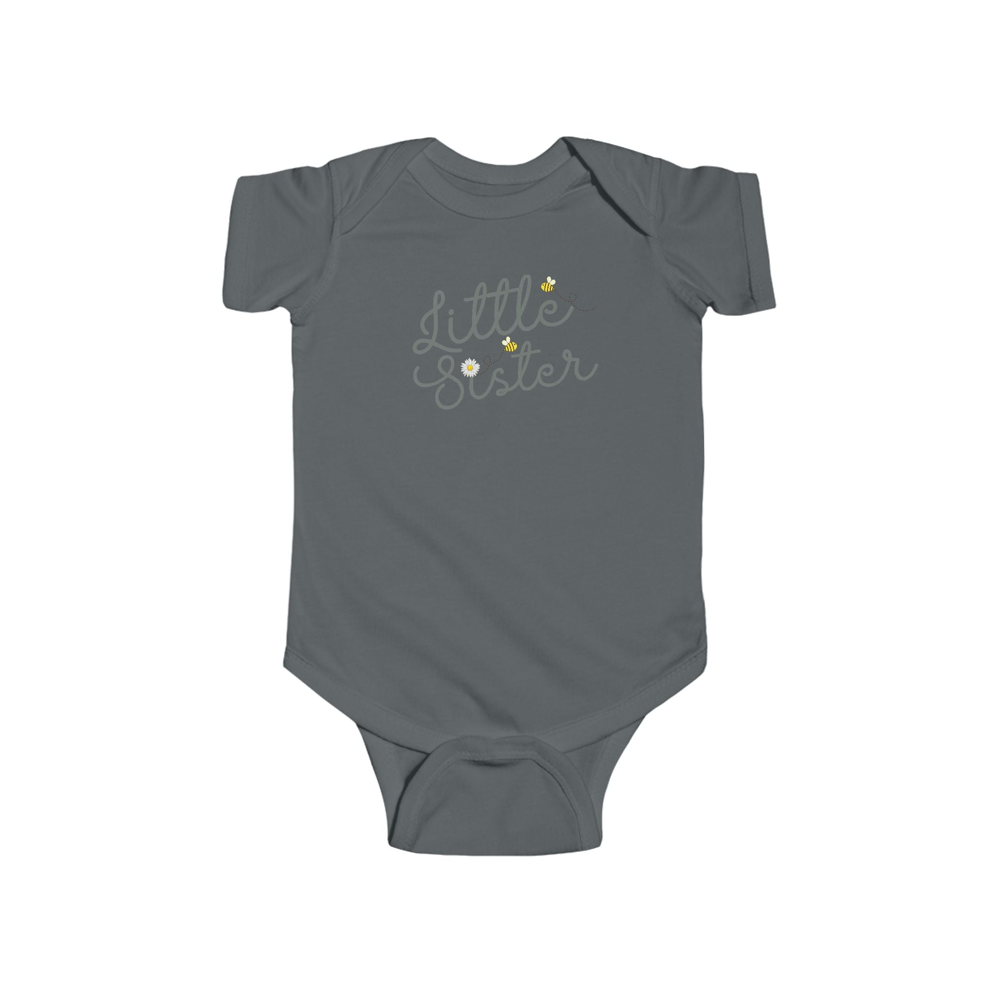 Little Sister Bees & Daisy Green Cursive- Little Sister Onesie